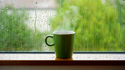 Green mug steaming hot beverage on rainy window sill hot drink