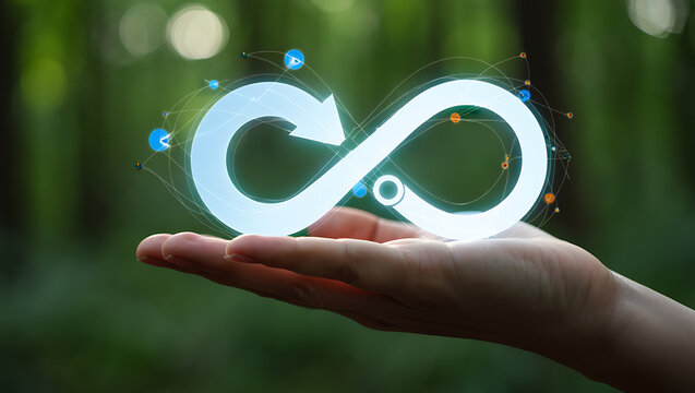 Hand holding glowing infinity symbol with network connections image
