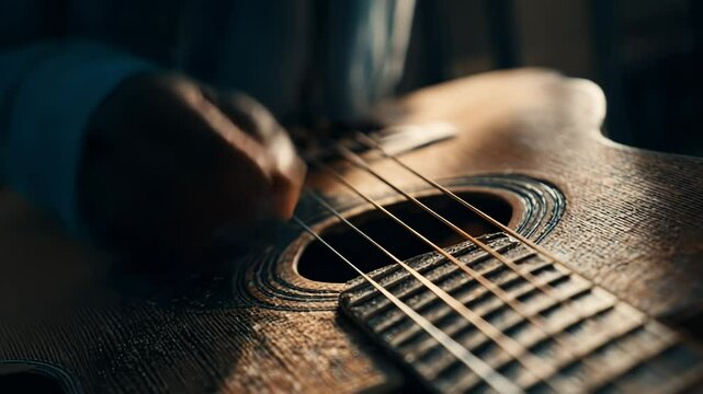 Fingers dance over the worn strings of a beautifully aged guitar as soft, melodic notes fill the air. The atmosphere is intimate, embracing warmth and creativity.
