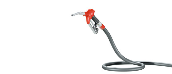 Red petrol fuel nozzle with hose, isolated on a transparent background. 3D illustration.