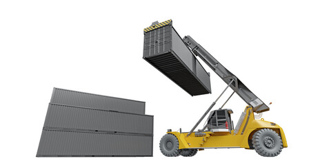 Yellow reach stacker handling the loading of a 40ft container into a stacked cargo container pile. Isolated on transparent background. 3D illustration.