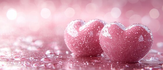 Fototapeta premium Two pink hearts with water droplets.