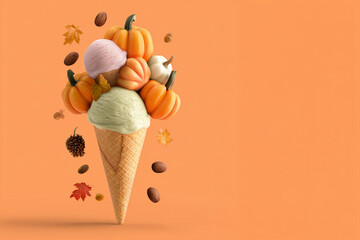 A colorful and bright creative layout featuring an ice cream cone filled with autumn leaves and a small pumpkin — a playful blend of fall and fantasy.