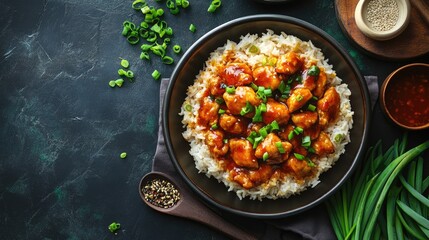Chinese orange chicken with rice and green onion garnish
