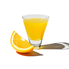 Vibrant orange juice in elegant glass with a refreshing slice on black background