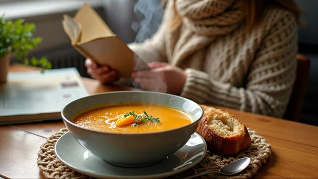 A close-up of a steaming bowl of soup on a wooden table, with a knitted placemat and a crusty bread roll. In the background young woman reading book dressed in knitted sweater.