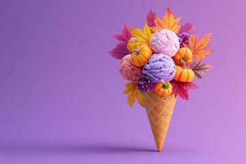 A colorful and bright creative layout featuring an ice cream cone filled with autumn leaves and a small pumpkin — a playful blend of fall and fantasy.