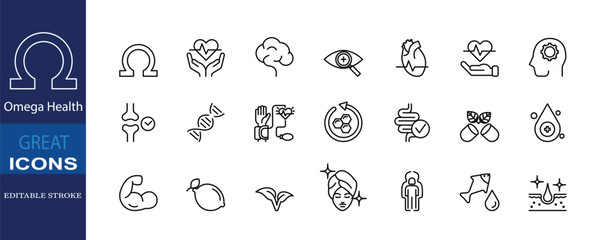 Essential omega icons promoting heart, brain, vision, immune, skin, and digestive health. Ideal for supplement and nutrition packaging.