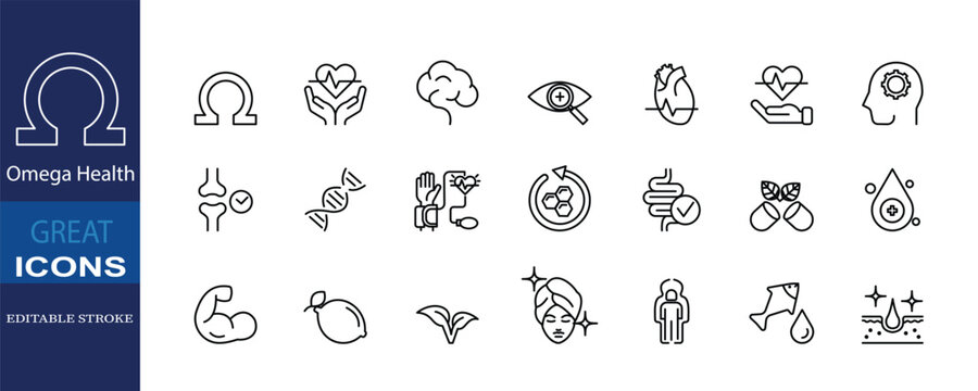 Essential omega icons promoting heart, brain, vision, immune, skin, and digestive health. Ideal for supplement and nutrition packaging.