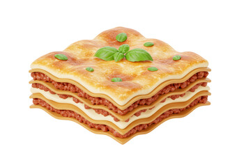Isolated Layered Lasagna with Basil Garnishing