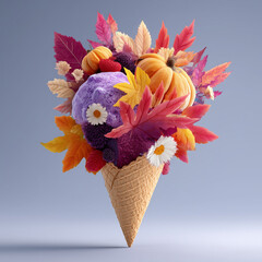 A colorful and bright creative layout featuring an ice cream cone filled with autumn leaves and a small pumpkin — a playful blend of fall and fantasy.