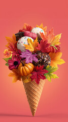 A colorful and bright creative layout featuring an ice cream cone filled with autumn leaves and a small pumpkin — a playful blend of fall and fantasy.