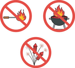 Prohibition signs depicting no open flames, grilling, and fireworks, indicating safety restrictions.