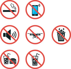 Prohibition signs for various activities in a public space.