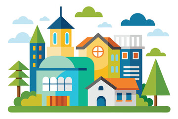 Colorful Cartoon Townscape Illustration Cheerful Scene with Varied Buildings and Lush Greenery Playful and Whimsical Cartoon Landscape