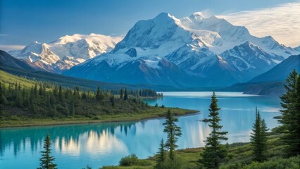 Fototapeta premium Serene Mountain Landscape Snow-Capped Peaks Reflecting in Turquoise Lake, Forest-Framed Vista