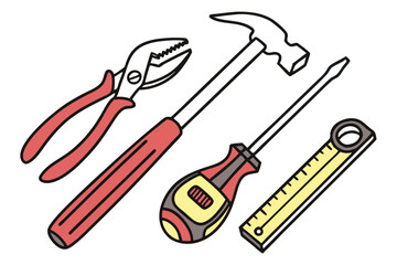 Illustration of Common Hand Tools for Home Improvement and Repair Work Projects Depicting Pliers, Hammer, Screwdriver, and Measuring Tape