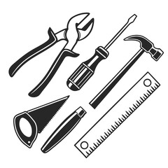 Monochrome Construction Tools Collection a Set of Essential Instruments for Building and Repair Work Depicted in Black and White Style