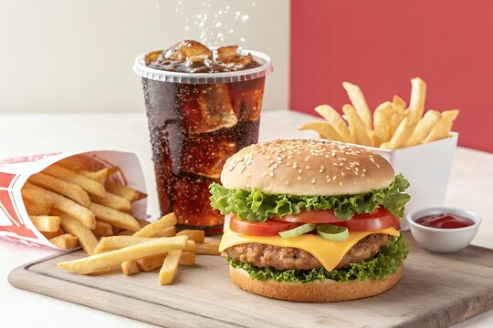 Delicious hamburger meal with french fries and a cold soda on a wooden board