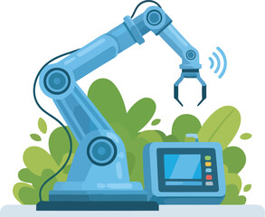 A blue robotic arm with a control panel and wireless signal, set against green foliage.