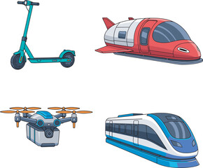 Illustration showcasing various modern transportation methods, including a scooter and futuristic vehicles.