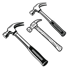 Three Different Hammer Illustrations Displayed in Black and White Style, Showing Tools for Carpentry or Construction