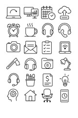 A meticulously crafted collection of vector icons elegantly represents the core essence of technology, business, and lifestyle, perfectly suited for web design or digital illustrations.