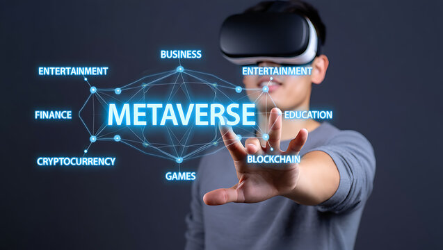 Man wearing virtual reality headset interacting with metaverse interface vr headset technology - Powered by Adobe