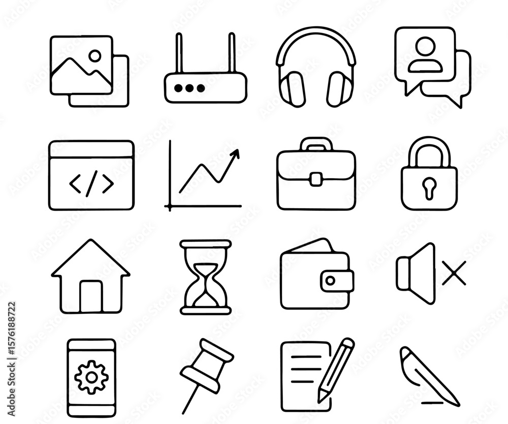 Fototapete a collection of versatile icon, rendered in crisp monochrome, offers a comprehensive toolkit for use