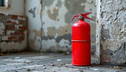 Safety Sentinel: A red fire extinguisher stands vigil, a beacon of safety amid the textured, distressed walls of an old building, a silent guardian ready to protect.