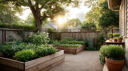 Obraz premium Beautiful urban garden in a residential backyard at sunset with fresh vegetables and herbs growing