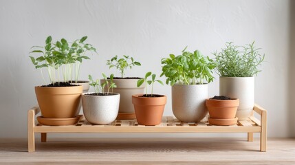 Obraz premium Fresh herbs and vegetables growing indoors on a wooden shelf with various pots during daylight hours