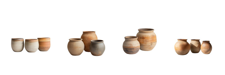 A trio of handmade clay pots in earthy tones, captured in a studio environment with and isolated on a transparent background