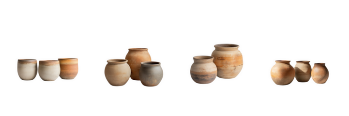 A trio of handmade clay pots in earthy tones, captured in a studio environment with and isolated on a transparent background