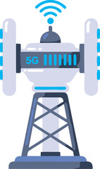 Futuristic wireless communication tower, displaying 5G technology, with radiating signals.