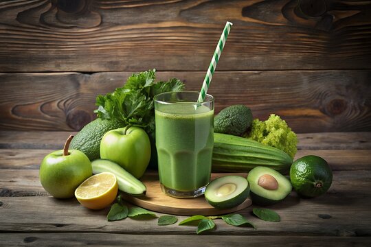 Refreshing green smoothie with fresh apples avocado cucumber lemon and greens on rustic wood