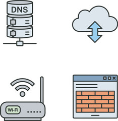 Illustrations of network infrastructure components, including servers and a router.