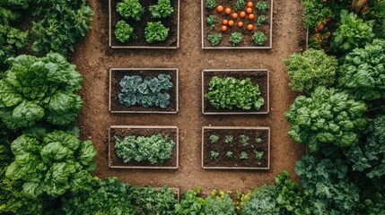 Organized garden plots filled with various vegetables.