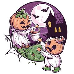 Halloween Pumpkin Ghost Cartoon Illustration with Spooky House and Bats Full Moon Background