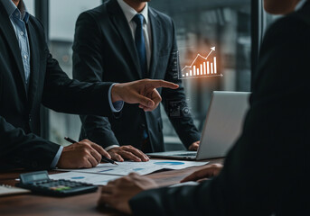 A team of experts discusses financial strategy using a futuristic, interactive data hologram.