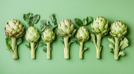 Fototapeta premium Fresh artichokes arranged in a horizontal row.
