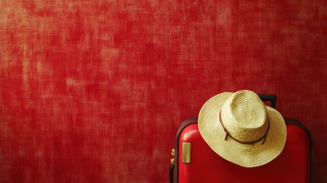 Red suitcase with straw hat against a red textured wall.