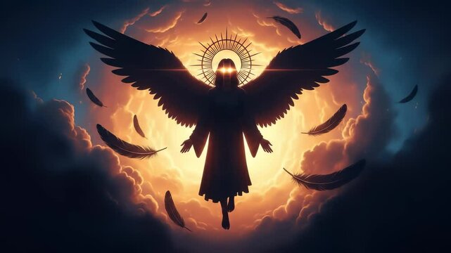 Ethereal Silhouette of a Majestic Angel with Wings Illuminated by a Divine Light in a Serene Atmosphere