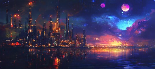 Obraz premium Night view of a massive oil refinery glowing under industrial lights and smoke trails