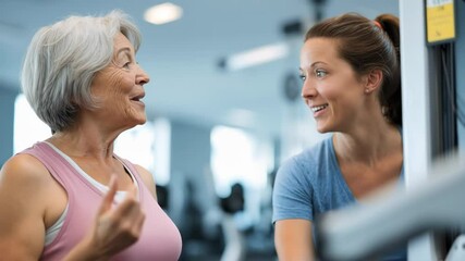 In a lively gym, a young trainer supports an older client, showcasing camaraderie and determination. Together, they embrace fitness while sharing smiles and encouragement.