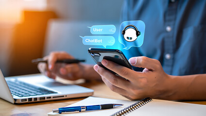 Person using smartphone with chatbot interface and laptop artificial intelligence communication