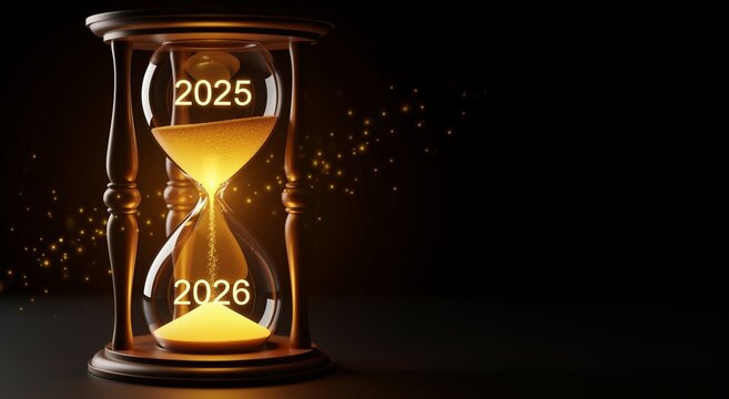 Hourglass with glowing sand marking transition from 2025 to 2026, symbolizing time, change, and countdown to new year. Concept of future, passing moments, and approaching deadlines on dark background.