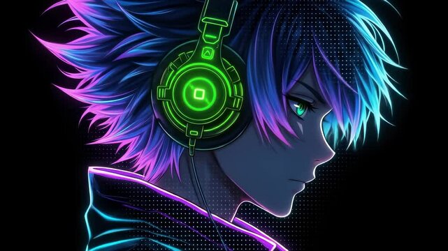 Neon Portrait of a Young Individual Wearing Headphones with Vibrant Colors and Digital Effects