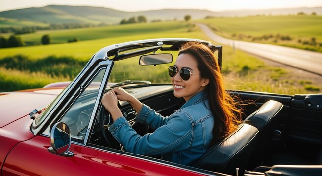 Young woman driving red convertible classic car on countryside road during sunset, wearing denim jacket and sunglasses with wind in hair for travel adventure - Powered by Adobe
