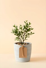 Obraz premium Small potted plant with a light beige tag, displayed against a pale peach background.